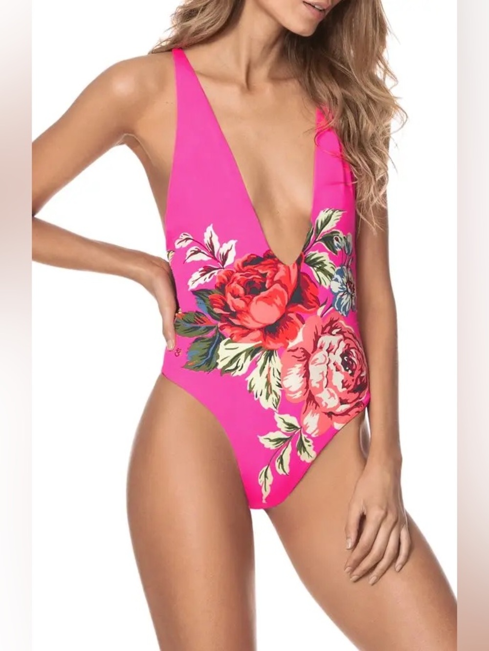 Maaji Reversible One Piece Swimsuit Size L Pink Floral Plunge Strappy Back